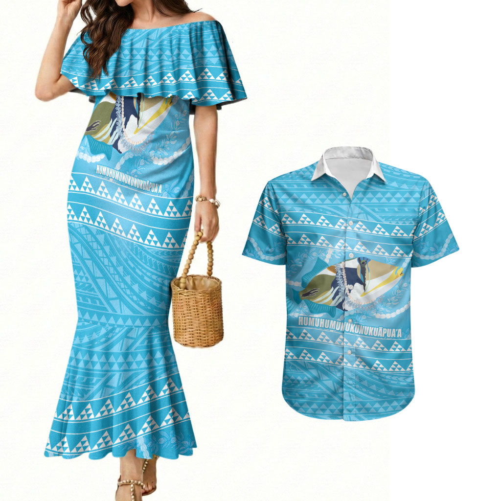 Aloha Hawaii Humuhumu Reef Triggerfish Couples Matching Mermaid Dress and Hawaiian Shirt Hawaiian Leis Kakau Pattern LT14 Blue - Polynesian Pride