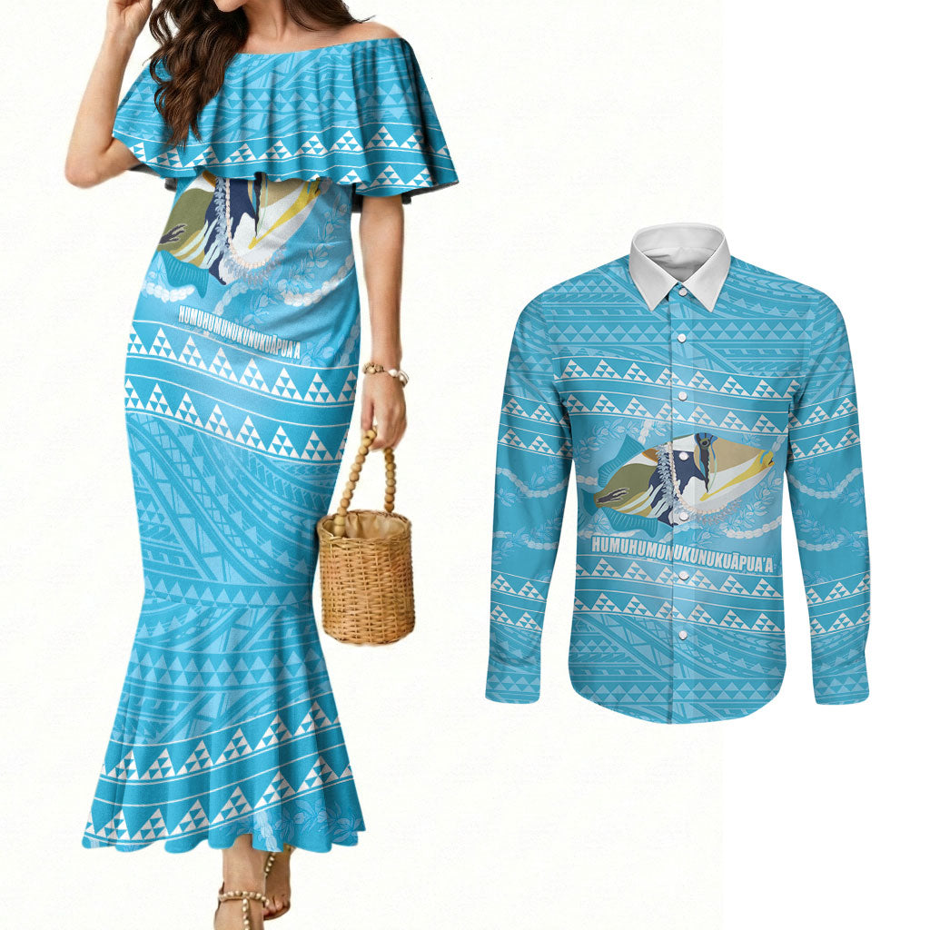 Aloha Hawaii Humuhumu Reef Triggerfish Couples Matching Mermaid Dress and Long Sleeve Button Shirt Hawaiian Leis Kakau Pattern LT14 Blue - Polynesian Pride