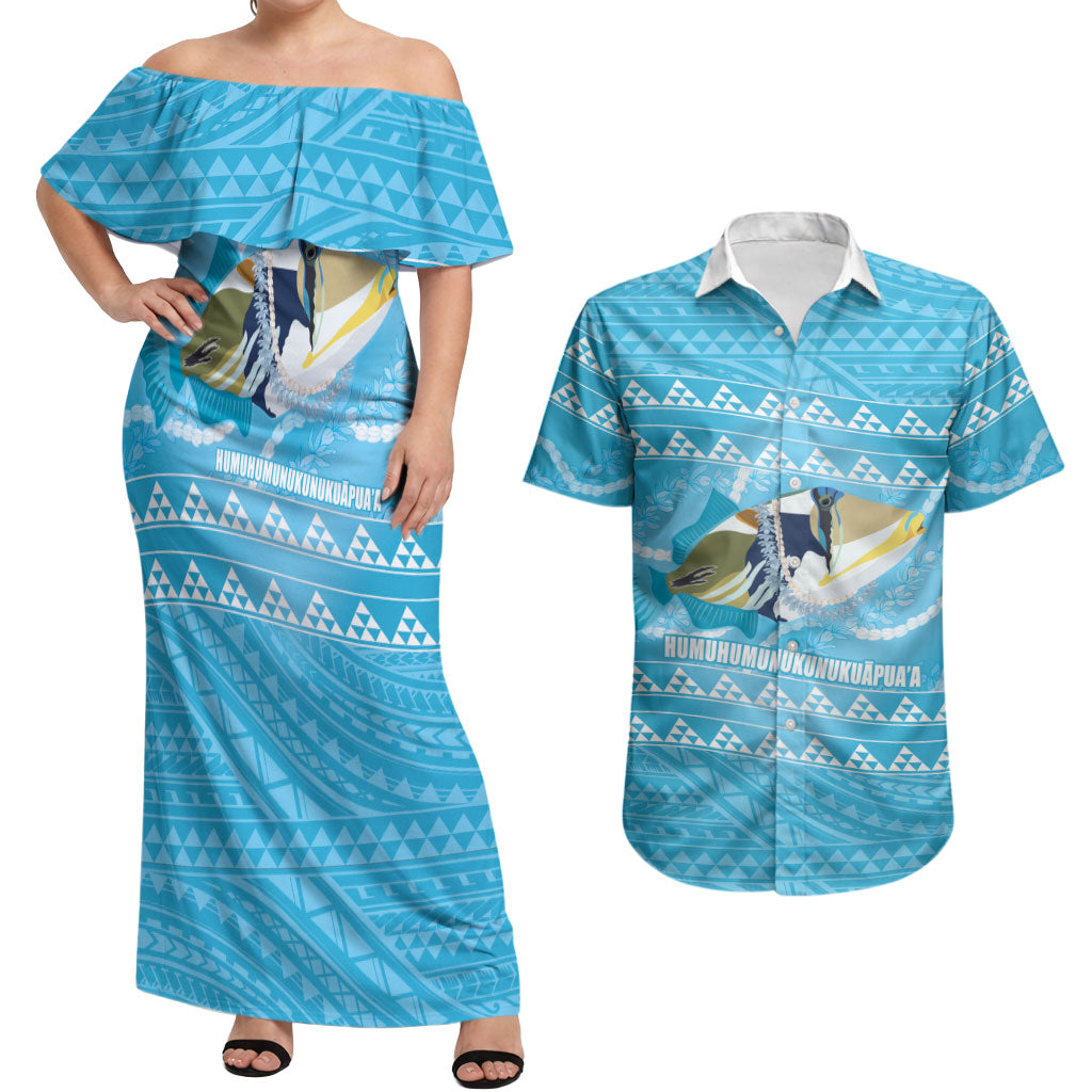 Aloha Hawaii Humuhumu Reef Triggerfish Couples Matching Off Shoulder Maxi Dress and Hawaiian Shirt Hawaiian Leis Kakau Pattern LT14 Blue - Polynesian Pride