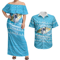 Aloha Hawaii Humuhumu Reef Triggerfish Couples Matching Off Shoulder Maxi Dress and Hawaiian Shirt Hawaiian Leis Kakau Pattern LT14 Blue - Polynesian Pride