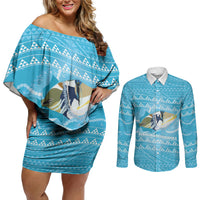 Aloha Hawaii Humuhumu Reef Triggerfish Couples Matching Off Shoulder Short Dress and Long Sleeve Button Shirt Hawaiian Leis Kakau Pattern LT14 Blue - Polynesian Pride