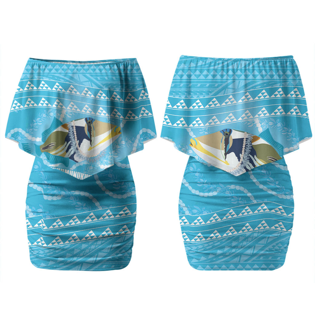 Aloha Hawaii Humuhumu Reef Triggerfish Couples Matching Off Shoulder Short Dress and Long Sleeve Button Shirt Hawaiian Leis Kakau Pattern LT14 - Polynesian Pride