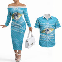 Aloha Hawaii Humuhumu Reef Triggerfish Couples Matching Off The Shoulder Long Sleeve Dress and Hawaiian Shirt Hawaiian Leis Kakau Pattern LT14 Blue - Polynesian Pride