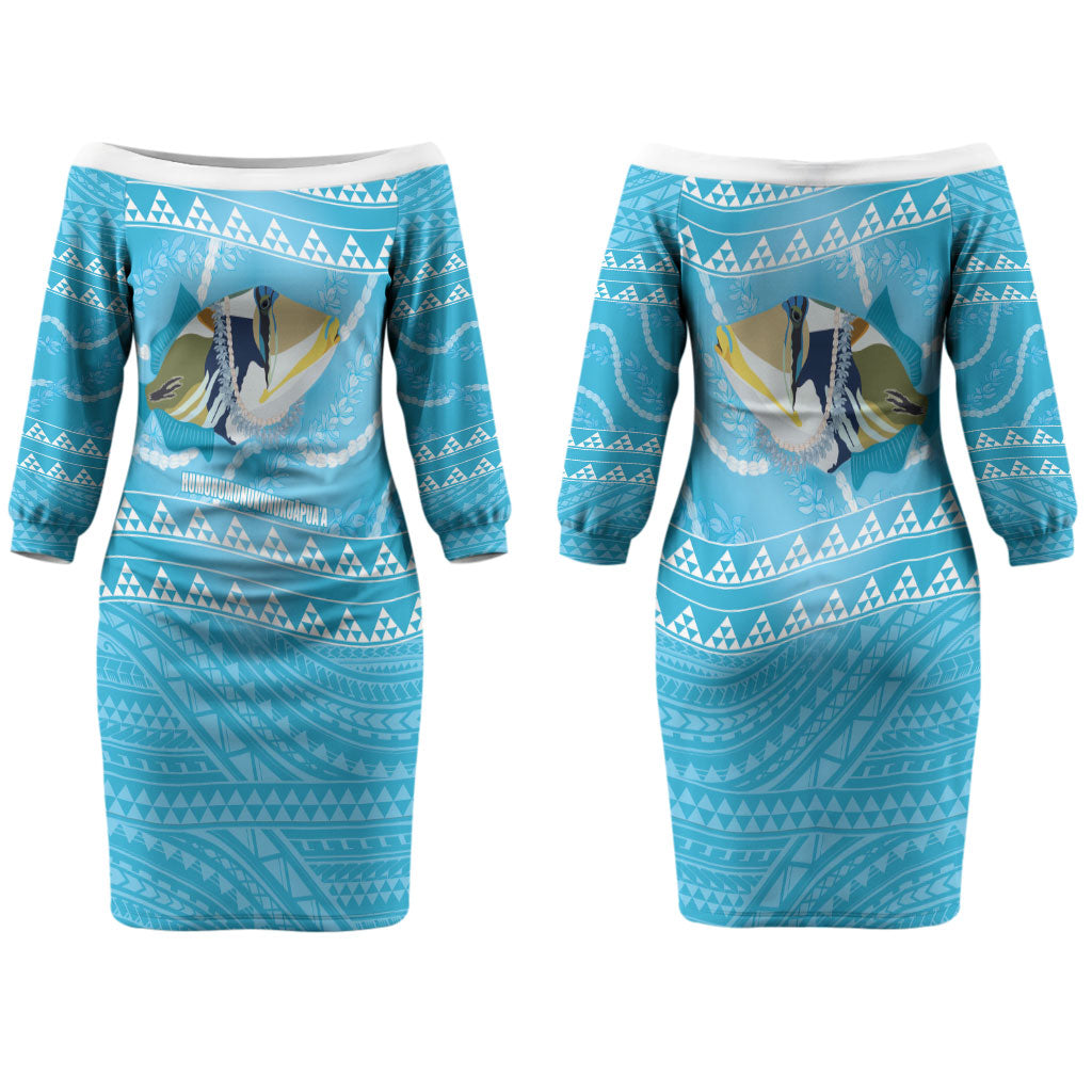 Aloha Hawaii Humuhumu Reef Triggerfish Couples Matching Off The Shoulder Long Sleeve Dress and Hawaiian Shirt Hawaiian Leis Kakau Pattern LT14 - Polynesian Pride