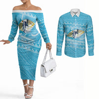 Aloha Hawaii Humuhumu Reef Triggerfish Couples Matching Off The Shoulder Long Sleeve Dress and Long Sleeve Button Shirt Hawaiian Leis Kakau Pattern LT14 Blue - Polynesian Pride