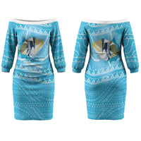 Aloha Hawaii Humuhumu Reef Triggerfish Couples Matching Off The Shoulder Long Sleeve Dress and Long Sleeve Button Shirt Hawaiian Leis Kakau Pattern LT14 - Polynesian Pride