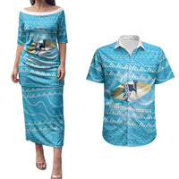 Aloha Hawaii Humuhumu Reef Triggerfish Couples Matching Puletasi and Hawaiian Shirt Hawaiian Leis Kakau Pattern LT14 Blue - Polynesian Pride