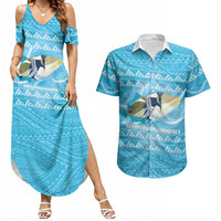 Aloha Hawaii Humuhumu Reef Triggerfish Couples Matching Summer Maxi Dress and Hawaiian Shirt Hawaiian Leis Kakau Pattern LT14 Blue - Polynesian Pride