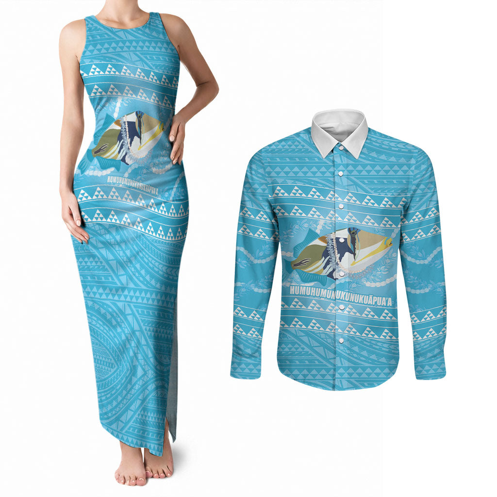 Aloha Hawaii Humuhumu Reef Triggerfish Couples Matching Tank Maxi Dress and Long Sleeve Button Shirt Hawaiian Leis Kakau Pattern LT14 Blue - Polynesian Pride