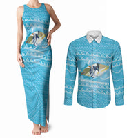 Aloha Hawaii Humuhumu Reef Triggerfish Couples Matching Tank Maxi Dress and Long Sleeve Button Shirt Hawaiian Leis Kakau Pattern LT14 Blue - Polynesian Pride