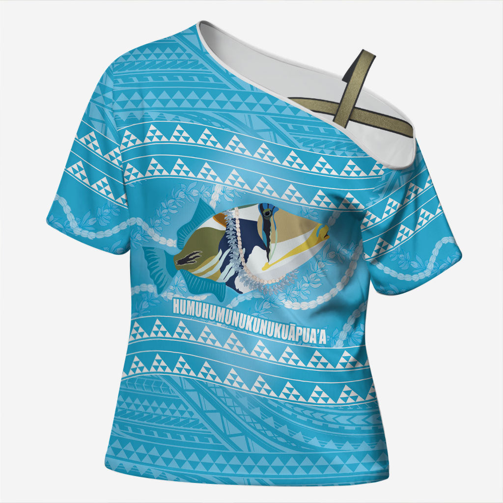 Aloha Hawaii Humuhumu Reef Triggerfish Cross Shoulder Shirt Hawaiian Leis Kakau Pattern LT14 Female Blue - Polynesian Pride