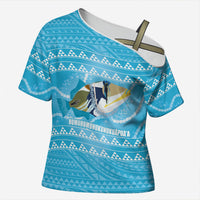 Aloha Hawaii Humuhumu Reef Triggerfish Cross Shoulder Shirt Hawaiian Leis Kakau Pattern LT14 Female Blue - Polynesian Pride