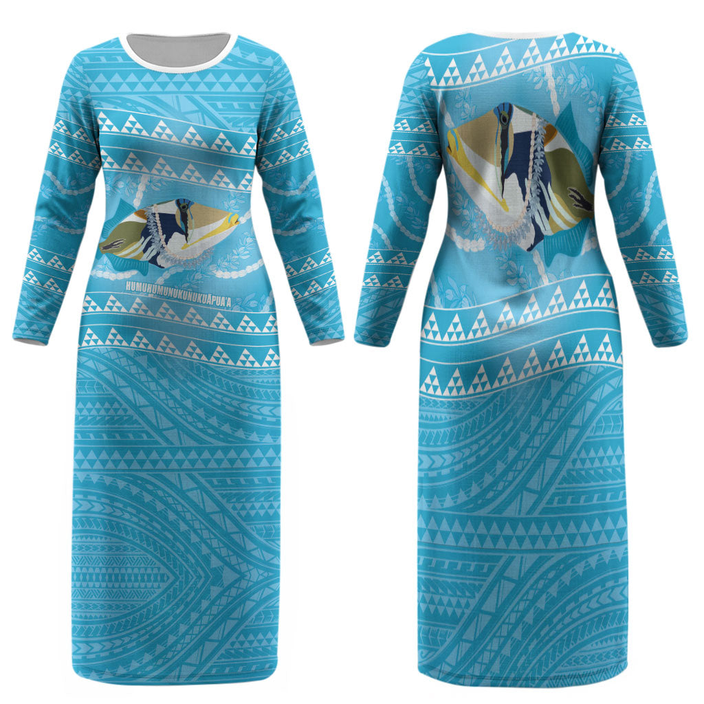 Aloha Hawaii Humuhumu Reef Triggerfish Family Matching Long Sleeve Bodycon Dress and Hawaiian Shirt Hawaiian Leis Kakau Pattern LT14 Mom's Dress Blue - Polynesian Pride