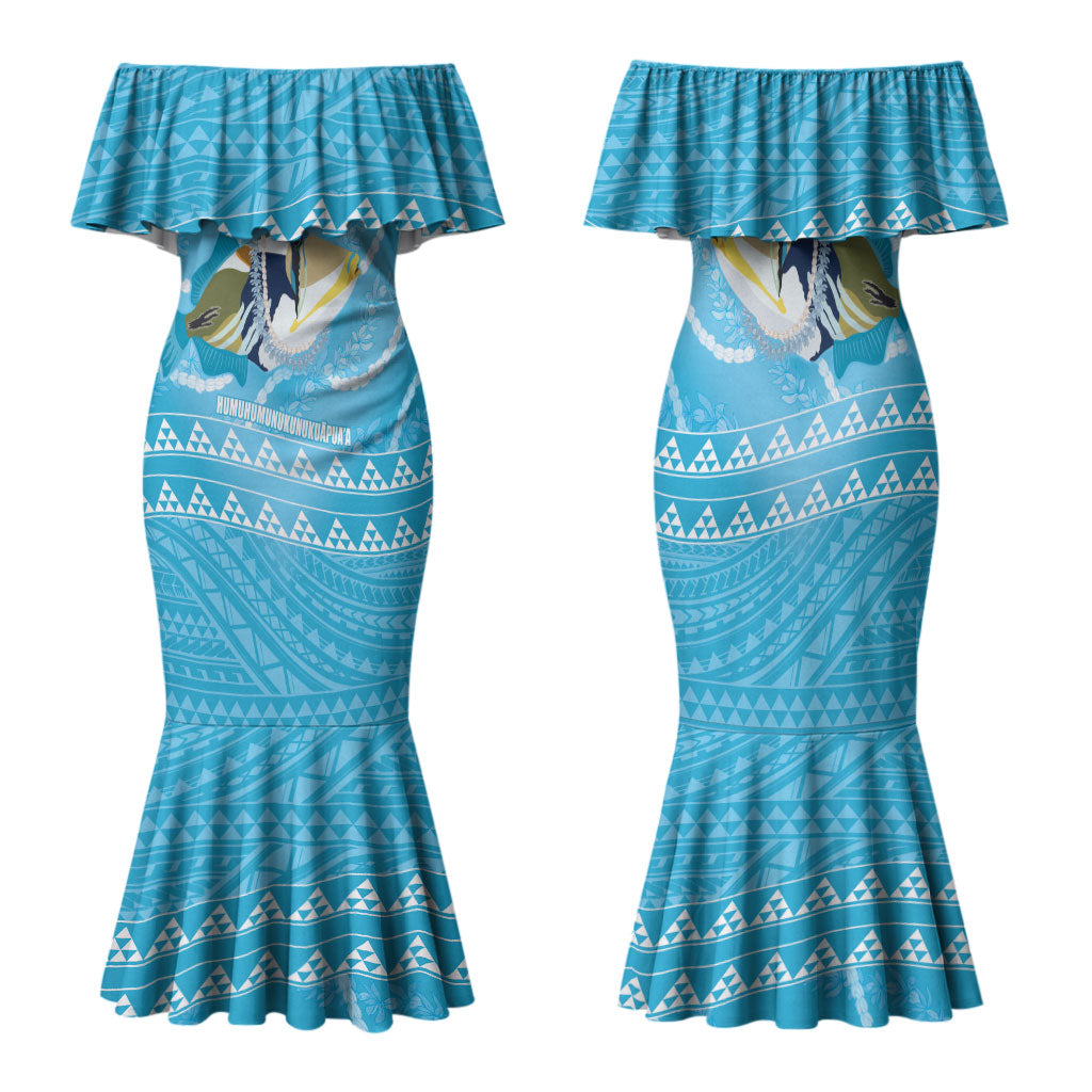 Aloha Hawaii Humuhumu Reef Triggerfish Family Matching Mermaid Dress and Hawaiian Shirt Hawaiian Leis Kakau Pattern LT14 Mom's Dress Blue - Polynesian Pride
