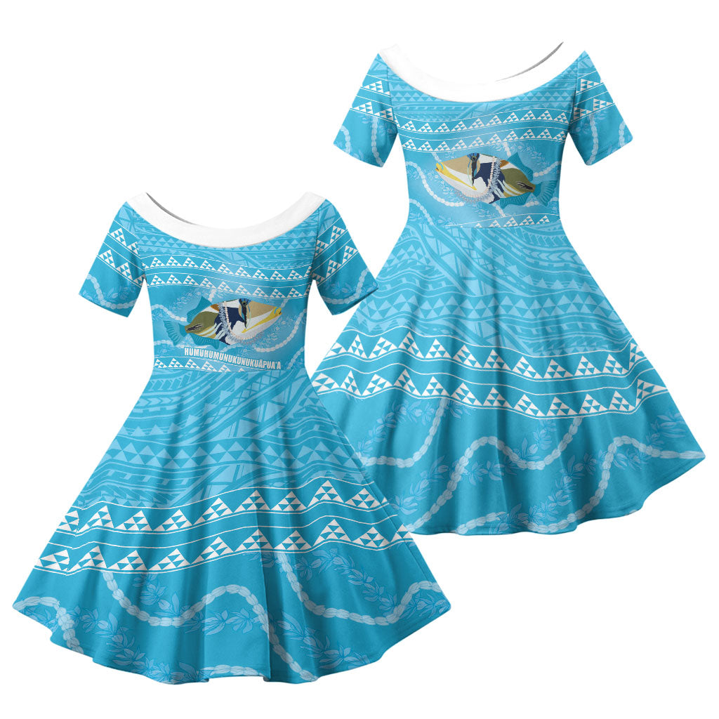 Aloha Hawaii Humuhumu Reef Triggerfish Family Matching Mermaid Dress and Hawaiian Shirt Hawaiian Leis Kakau Pattern LT14 Daughter's Dress Blue - Polynesian Pride