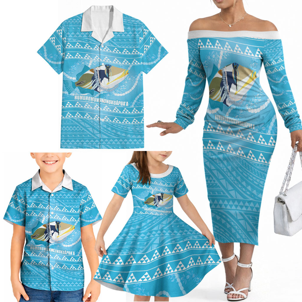 Aloha Hawaii Humuhumu Reef Triggerfish Family Matching Off The Shoulder Long Sleeve Dress and Hawaiian Shirt Hawaiian Leis Kakau Pattern LT14 - Polynesian Pride