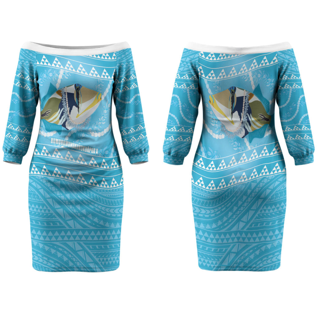 Aloha Hawaii Humuhumu Reef Triggerfish Family Matching Off The Shoulder Long Sleeve Dress and Hawaiian Shirt Hawaiian Leis Kakau Pattern LT14 Mom's Dress Blue - Polynesian Pride
