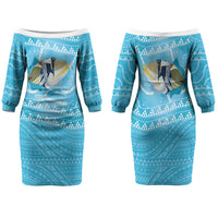 Aloha Hawaii Humuhumu Reef Triggerfish Family Matching Off The Shoulder Long Sleeve Dress and Hawaiian Shirt Hawaiian Leis Kakau Pattern LT14 Mom's Dress Blue - Polynesian Pride