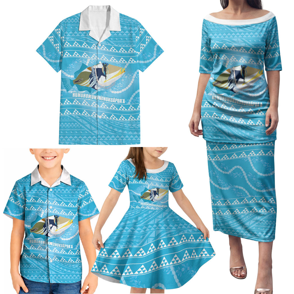 Aloha Hawaii Humuhumu Reef Triggerfish Family Matching Puletasi and Hawaiian Shirt Hawaiian Leis Kakau Pattern LT14 - Polynesian Pride