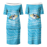 Aloha Hawaii Humuhumu Reef Triggerfish Family Matching Puletasi and Hawaiian Shirt Hawaiian Leis Kakau Pattern LT14 Mom's Dress Blue - Polynesian Pride