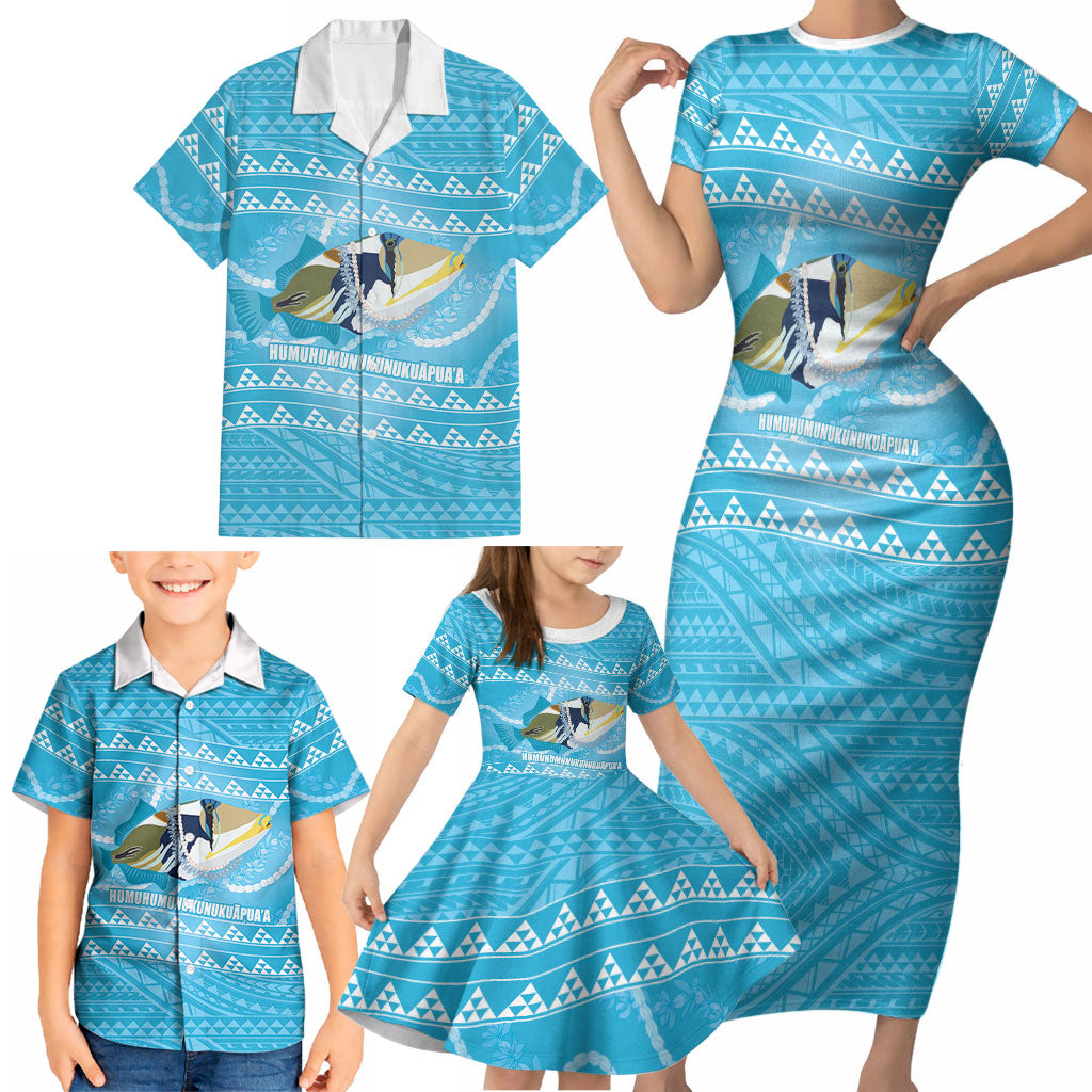 Aloha Hawaii Humuhumu Reef Triggerfish Family Matching Short Sleeve Bodycon Dress and Hawaiian Shirt Hawaiian Leis Kakau Pattern LT14 - Polynesian Pride