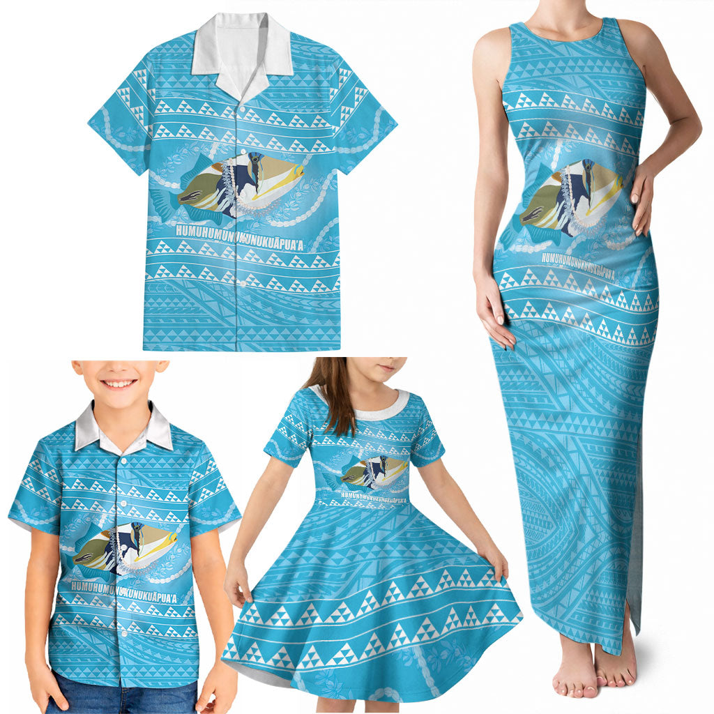 Aloha Hawaii Humuhumu Reef Triggerfish Family Matching Tank Maxi Dress and Hawaiian Shirt Hawaiian Leis Kakau Pattern LT14 - Polynesian Pride