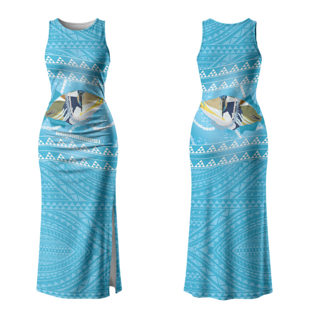 Aloha Hawaii Humuhumu Reef Triggerfish Family Matching Tank Maxi Dress and Hawaiian Shirt Hawaiian Leis Kakau Pattern LT14 Mom's Dress Blue - Polynesian Pride