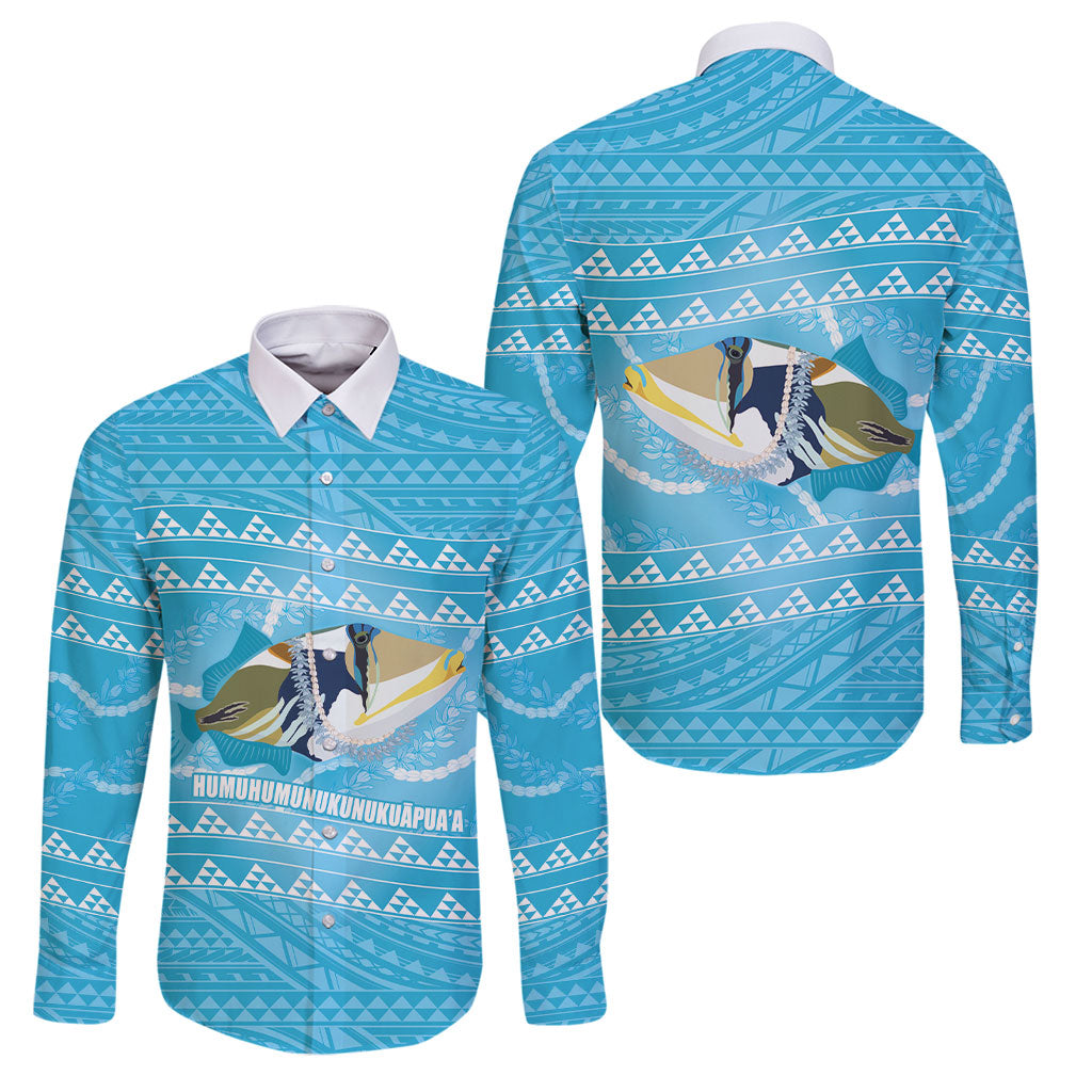 Aloha Hawaii Humuhumu Reef Triggerfish Family Matching Tank Maxi Dress and Hawaiian Shirt Hawaiian Leis Kakau Pattern LT14 Dad's Shirt - Long Sleeve Blue - Polynesian Pride