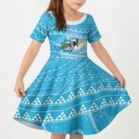 Aloha Hawaii Humuhumu Reef Triggerfish Kid Short Sleeve Dress Hawaiian Leis Kakau Pattern LT14 KID Blue - Polynesian Pride