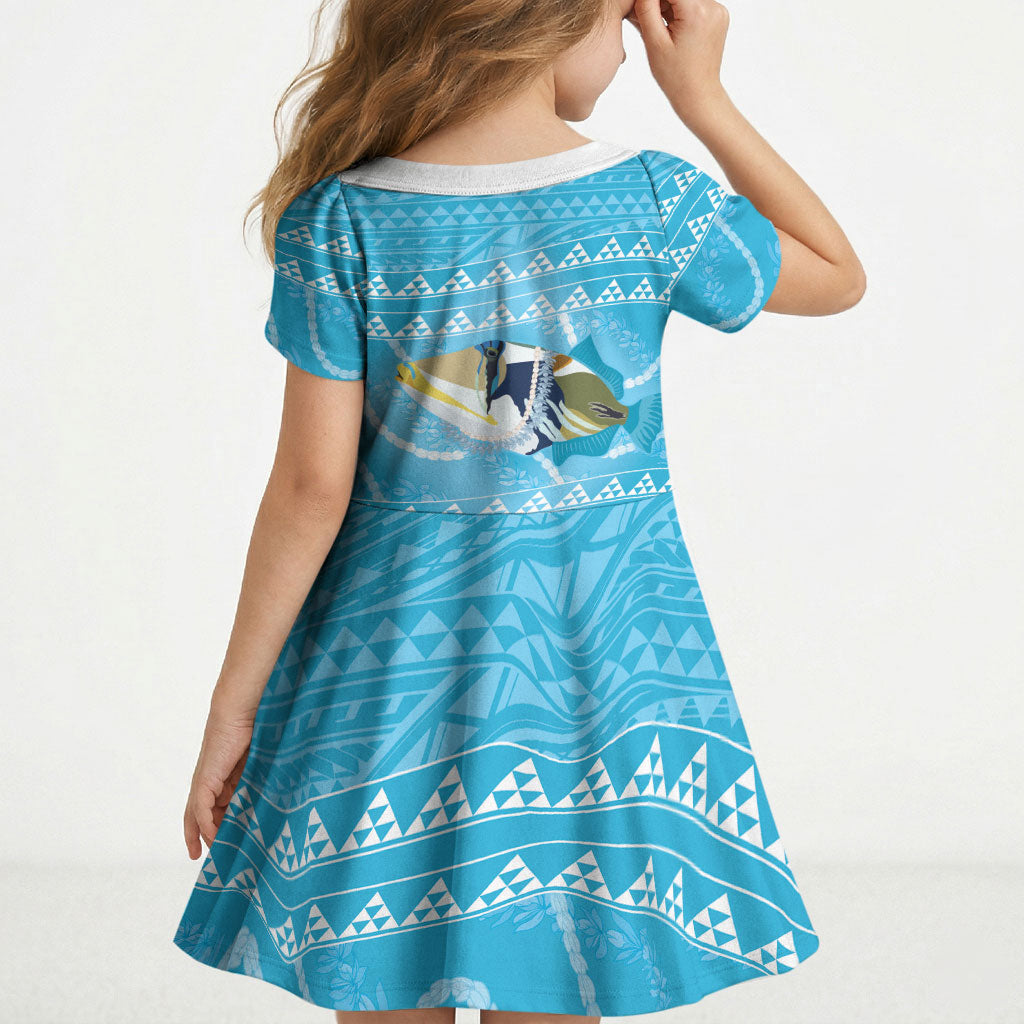 Aloha Hawaii Humuhumu Reef Triggerfish Kid Short Sleeve Dress Hawaiian Leis Kakau Pattern LT14 - Polynesian Pride