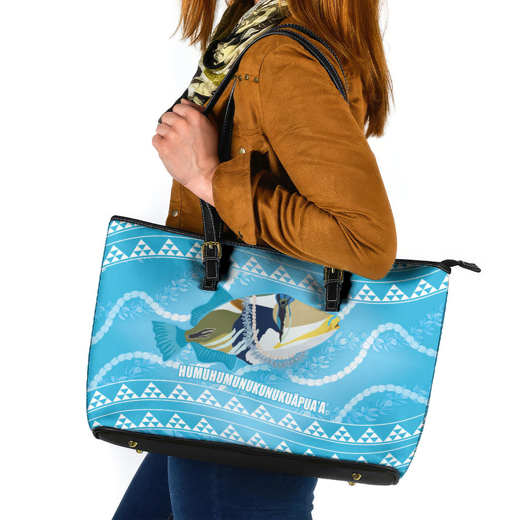 Aloha Hawaii Humuhumu Reef Triggerfish Leather Tote Bag Hawaiian Leis Kakau Pattern LT14 Blue - Polynesian Pride