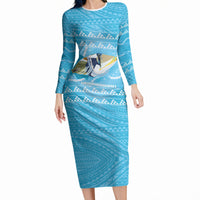 Aloha Hawaii Humuhumu Reef Triggerfish Long Sleeve Bodycon Dress Hawaiian Leis Kakau Pattern LT14 Long Dress Blue - Polynesian Pride
