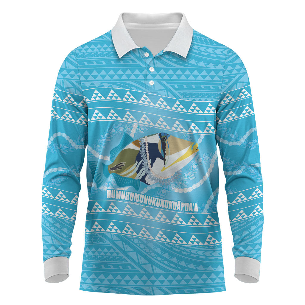 Aloha Hawaii Humuhumu Reef Triggerfish Long Sleeve Polo Shirt Hawaiian Leis Kakau Pattern LT14 Blue - Polynesian Pride