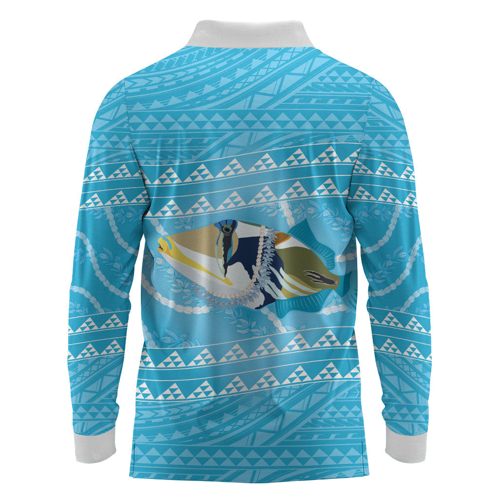 Aloha Hawaii Humuhumu Reef Triggerfish Long Sleeve Polo Shirt Hawaiian Leis Kakau Pattern LT14 - Polynesian Pride