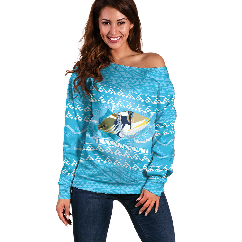 Aloha Hawaii Humuhumu Reef Triggerfish Off Shoulder Sweater Hawaiian Leis Kakau Pattern LT14 Women Blue - Polynesian Pride