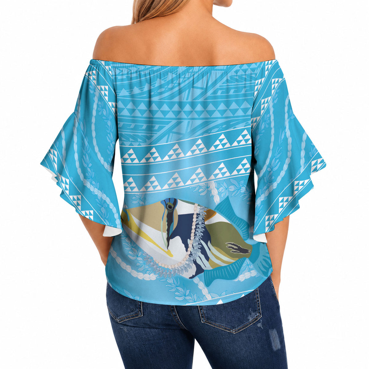 Aloha Hawaii Humuhumu Reef Triggerfish Off Shoulder Wrap Waist Top Hawaiian Leis Kakau Pattern LT14 - Polynesian Pride