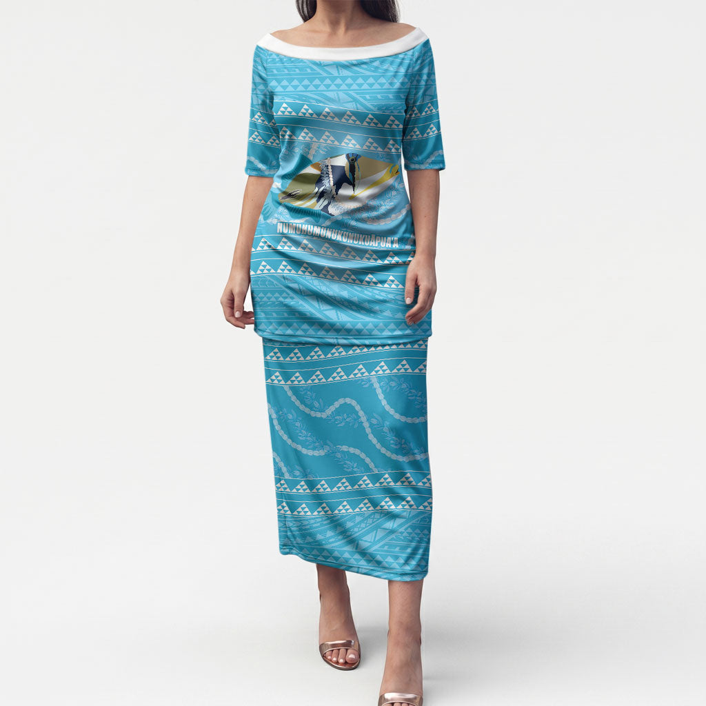 Aloha Hawaii Humuhumu Reef Triggerfish Puletasi Hawaiian Leis Kakau Pattern LT14 Long Dress Blue - Polynesian Pride