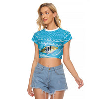 Aloha Hawaii Humuhumu Reef Triggerfish Raglan Cropped T Shirt Hawaiian Leis Kakau Pattern LT14 Female Blue - Polynesian Pride