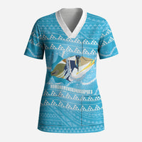 Aloha Hawaii Humuhumu Reef Triggerfish Scrub Top Hawaiian Leis Kakau Pattern LT14 Adult Blue - Polynesian Pride