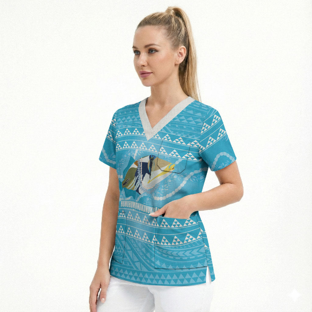 Aloha Hawaii Humuhumu Reef Triggerfish Scrub Top Hawaiian Leis Kakau Pattern LT14 - Polynesian Pride