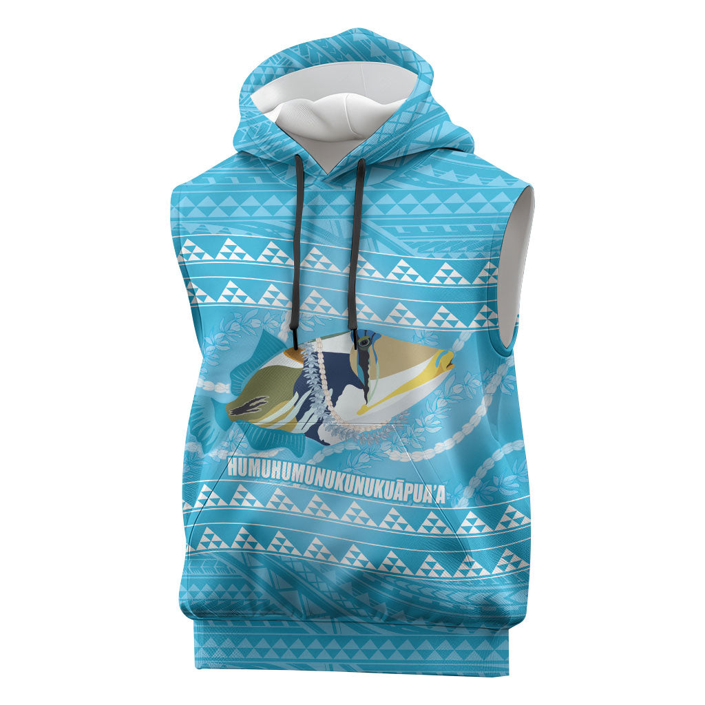 Aloha Hawaii Humuhumu Reef Triggerfish Sleeveless Hoodie Hawaiian Leis Kakau Pattern LT14 Blue - Polynesian Pride