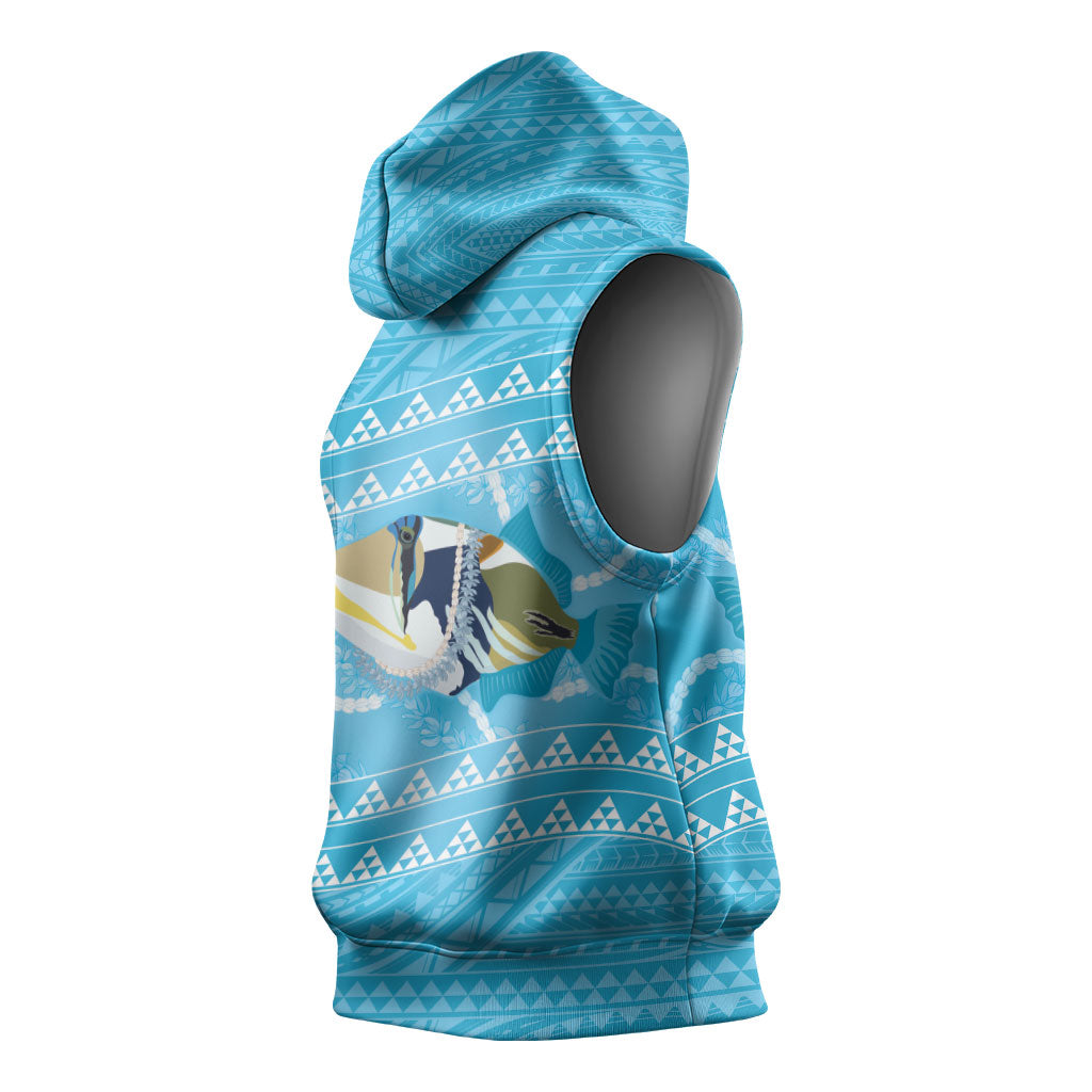 Aloha Hawaii Humuhumu Reef Triggerfish Sleeveless Hoodie Hawaiian Leis Kakau Pattern LT14 - Polynesian Pride