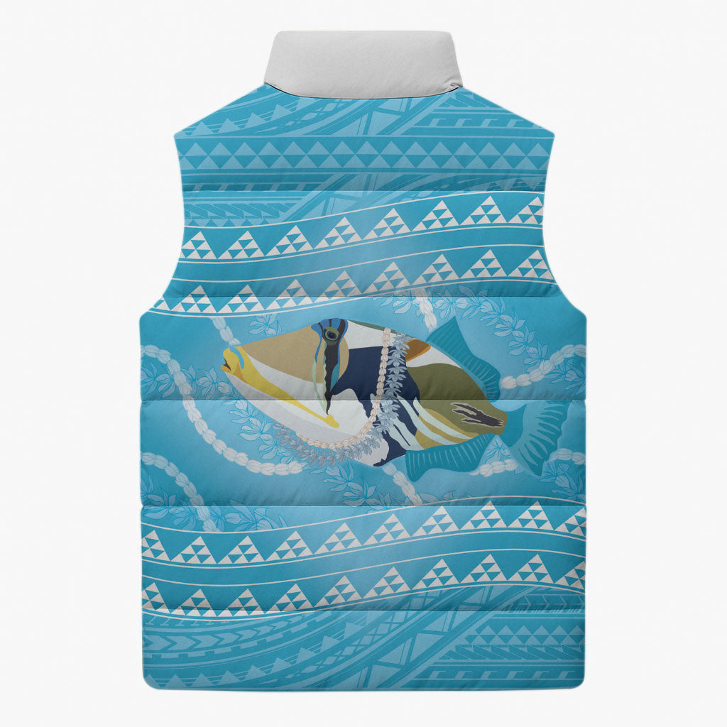 Aloha Hawaii Humuhumu Reef Triggerfish Sleeveless Puffer Jacket Hawaiian Leis Kakau Pattern LT14 - Polynesian Pride