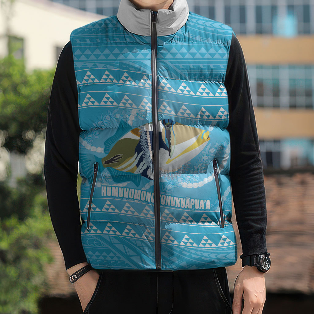 Aloha Hawaii Humuhumu Reef Triggerfish Sleeveless Puffer Jacket Hawaiian Leis Kakau Pattern LT14 - Polynesian Pride
