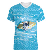 Aloha Hawaii Humuhumu Reef Triggerfish Women V-Neck T-Shirt Hawaiian Leis Kakau Pattern LT14 Female Blue - Polynesian Pride