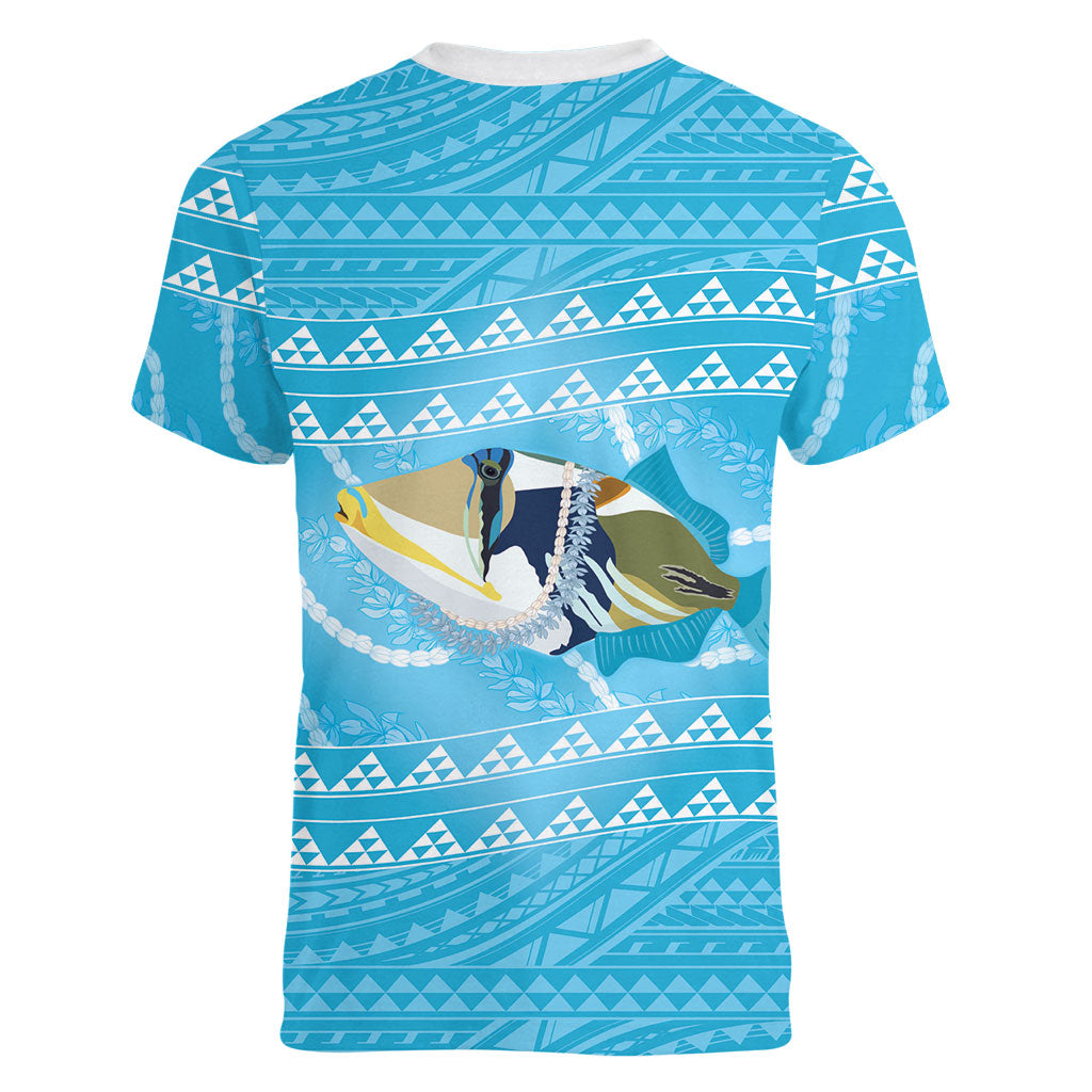 Aloha Hawaii Humuhumu Reef Triggerfish Women V-Neck T-Shirt Hawaiian Leis Kakau Pattern LT14 - Polynesian Pride