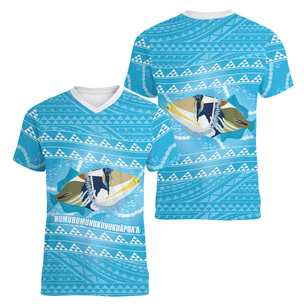 Aloha Hawaii Humuhumu Reef Triggerfish Women V-Neck T-Shirt Hawaiian Leis Kakau Pattern LT14 - Polynesian Pride