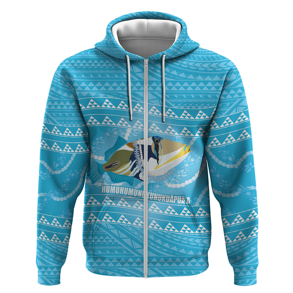 Aloha Hawaii Humuhumu Reef Triggerfish Zip Hoodie Hawaiian Leis Kakau Pattern LT14 Zip Hoodie Blue - Polynesian Pride