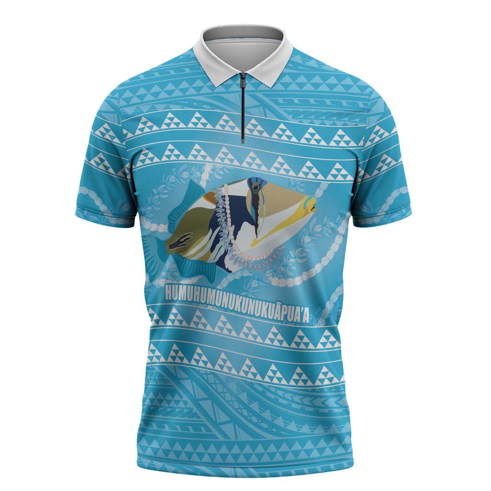 Aloha Hawaii Humuhumu Reef Triggerfish Zipper Polo Shirt Hawaiian Leis Kakau Pattern LT14 Blue - Polynesian Pride