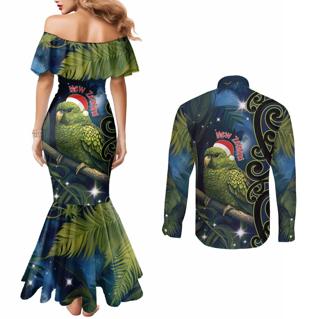 New Zealand Christmas Couples Matching Mermaid Dress and Long Sleeve Button Shirt Cute Kakapo Meri Kirihimete Maori Koru